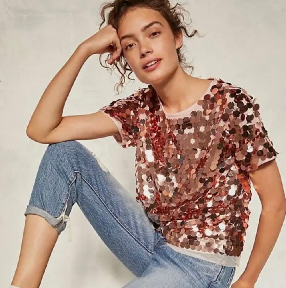 NWT Eva Franco Sallia Pink Rose Gold Sequin Paillette Short Sleeve Tee Top Sz S